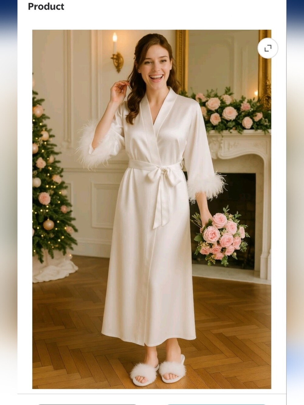 Silky White Feather-Trim Long Robe - Picture 2 of 6